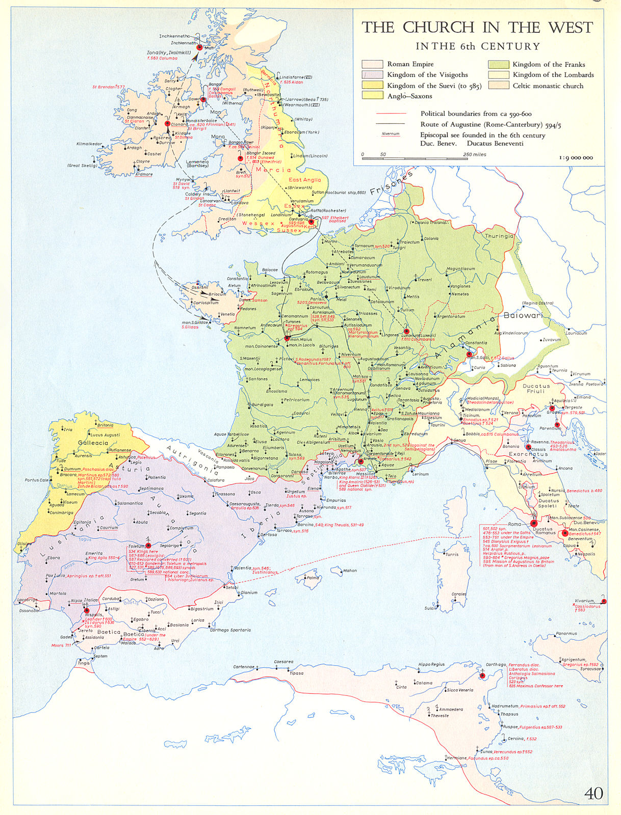 CHRISTIANITY.The Church in the west in the 6th century 1958 old vintage map